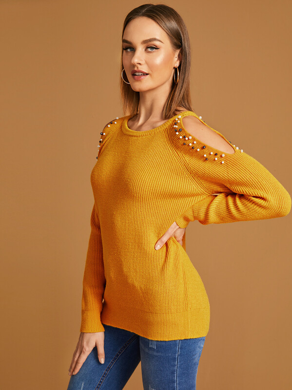 

Cold Shoulder Pearls Beaded Sweater, Yellow, Rasa