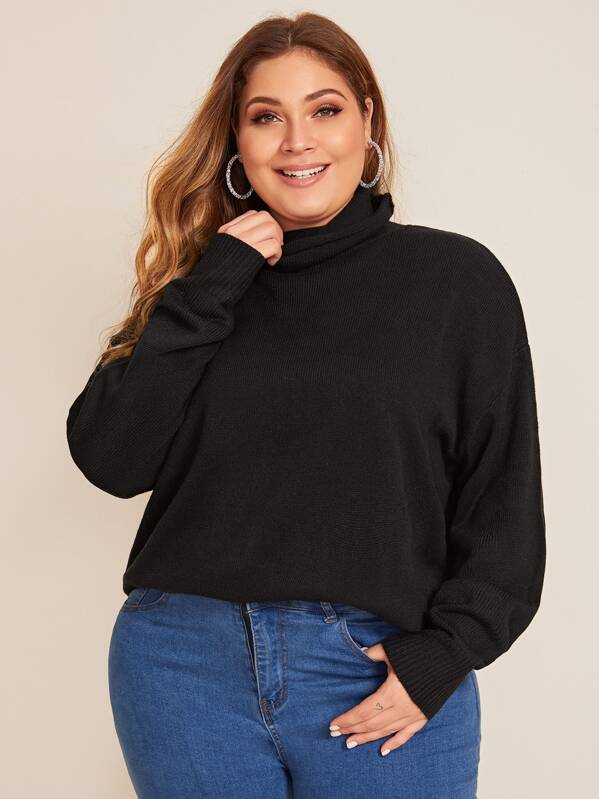 Plus High Neck Drop Shoulder Solid Sweater, Black, Carol