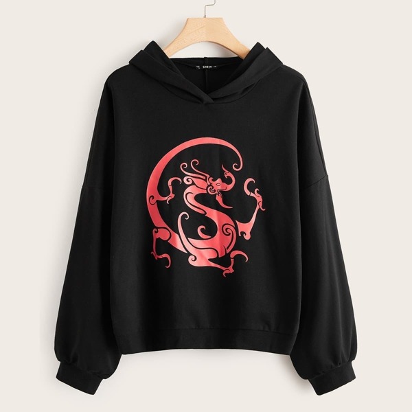

Plus Dragon Print Hooded Sweatshirt, Black