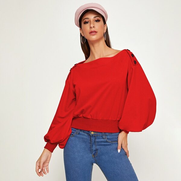 

Boat Neck Buttoned Shoulder Lantern Sleeve Pullover, Red bright