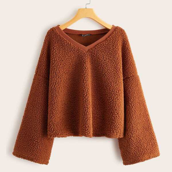 

V-neck Bell Sleeve Teddy Sweatshirt, Camel