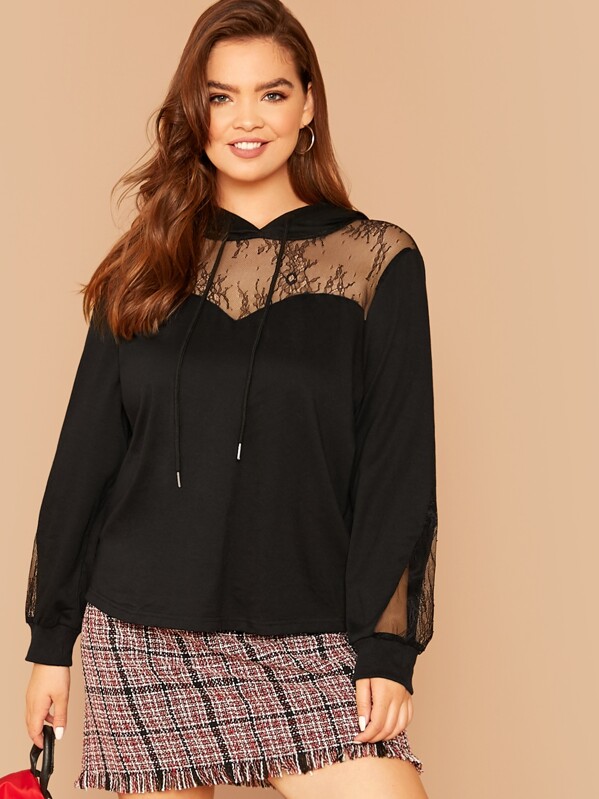 

Plus Lace Insert Sweatshirt, Black, Faith Bowman
