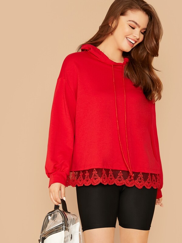 

Plus Neon Red Embroidery Mesh Hem Hoodie, Faith Bowman
