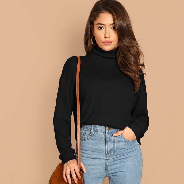 

Solid Turtleneck Waffle Knit Pullover, Black
