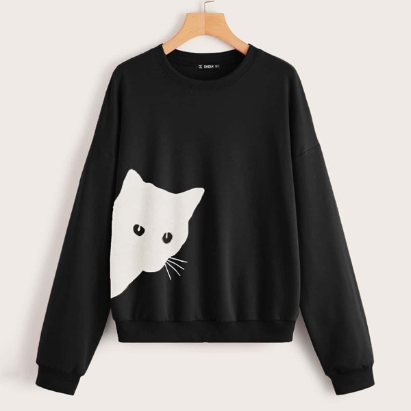 

Drop Shoulder Cartoon Graphic Pullover, Black