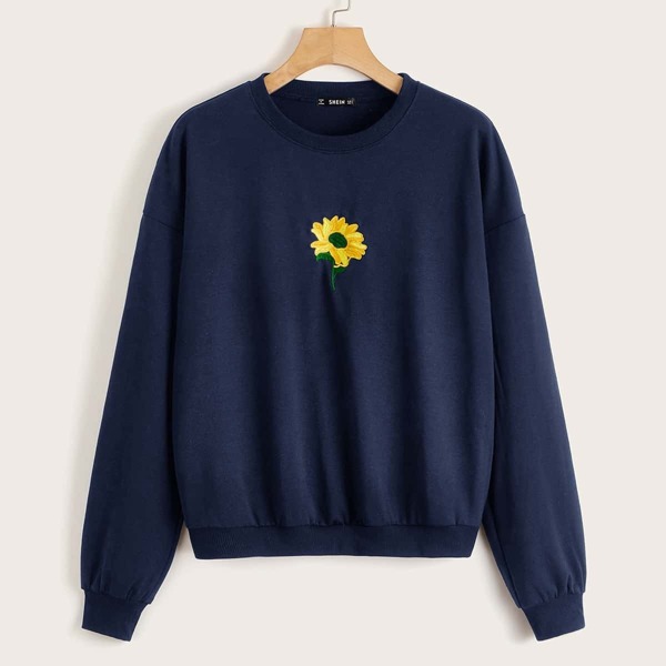 

Drop Shoulder Embroidery Detail Pullover, Navy