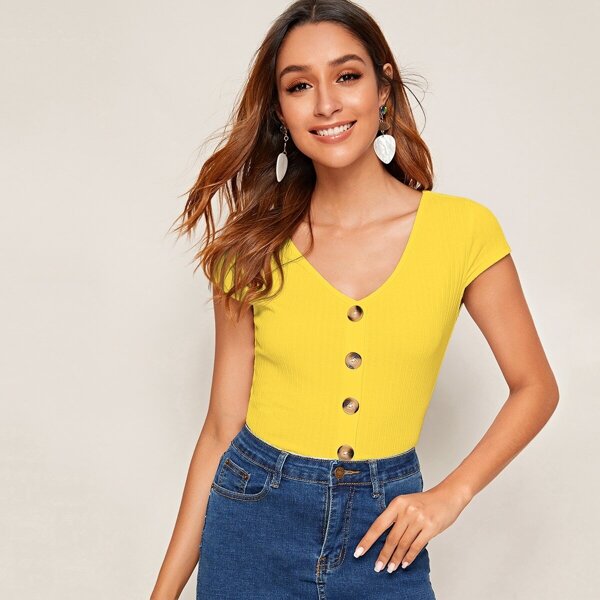 

Button Front Rib-knit Tee