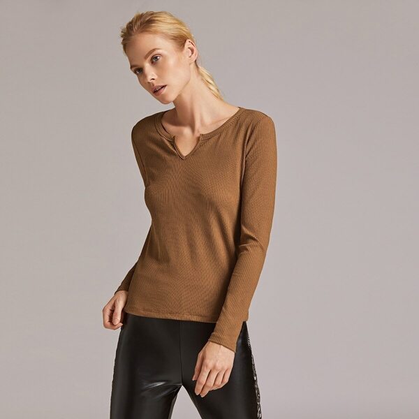 

Notch Neck Rib-knit Tee, Brown