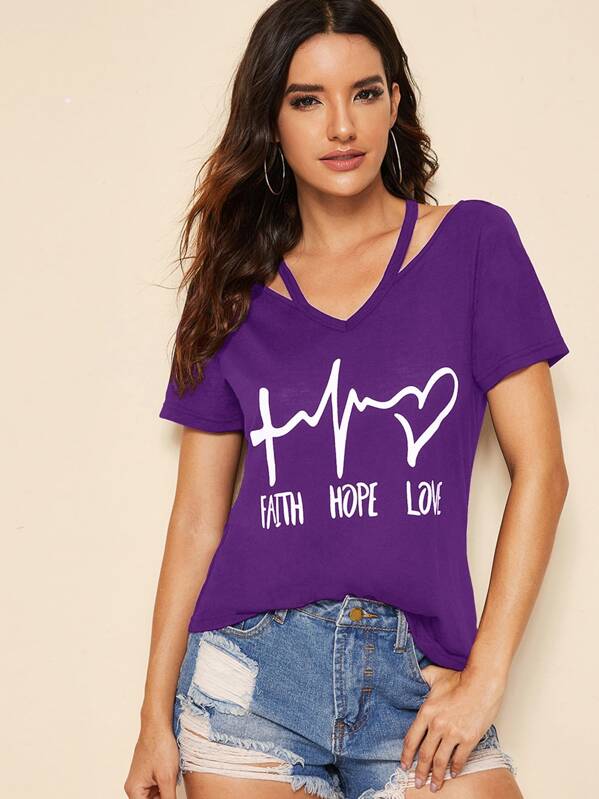 

Cutout Neck Slogan Graphic Tee, Purple, Juliana