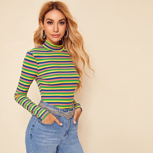 

Mock-Neck Colorful Striped Top, Multicolor bright