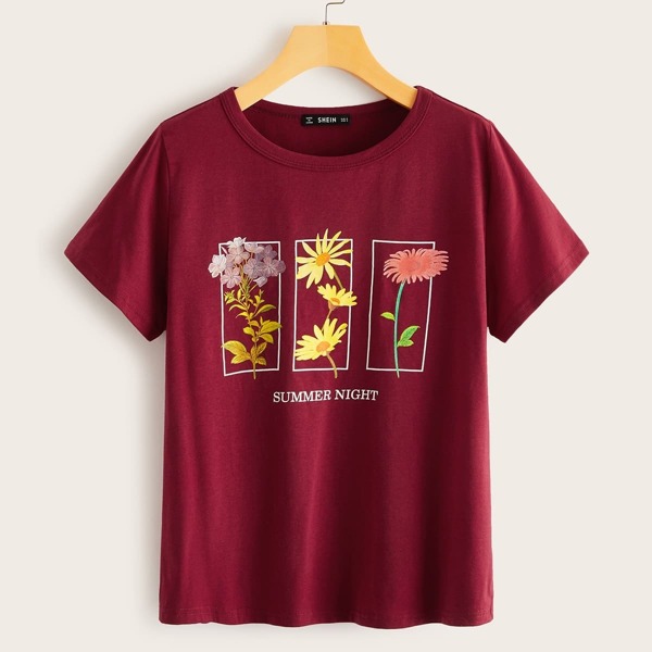 

Slogan and Floral Print Top, Burgundy