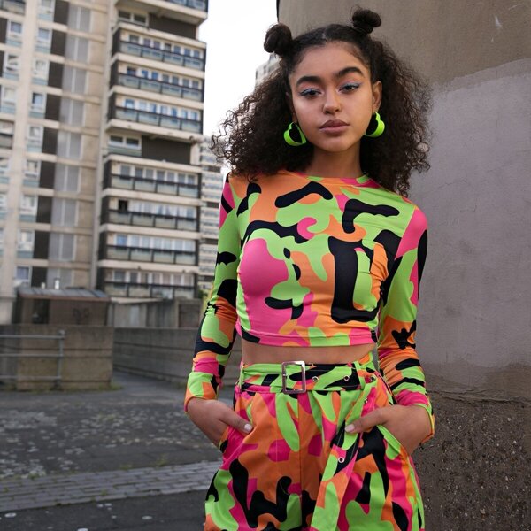 

Colorful Camo Print Fitted Top, Multicolor bright