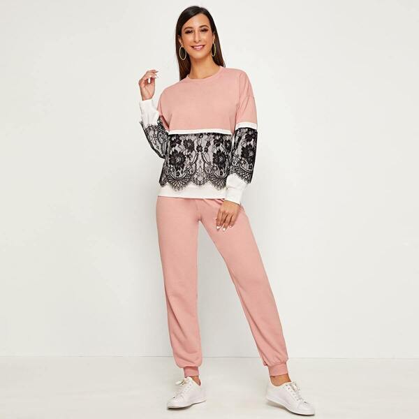 

Contrast Lace Colorblock Pullover & Pants Set, Pink pastel