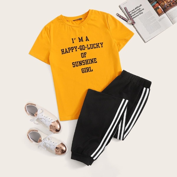 

Plus Slogan Graphic Top & Striped Tape Side Sweatpants Set, Multicolor