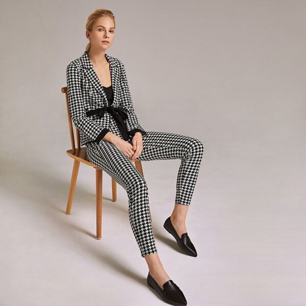 

Premium Notched Collar Houndstooth Belted Blazer & Pants Set, Black and white