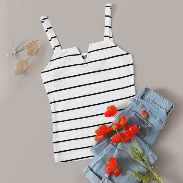 

V-cut Neck Striped Rib-knit Tank Top