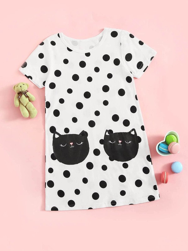 

Toddler Girls Cat Print Polka Dot Night Dress, Black and white
