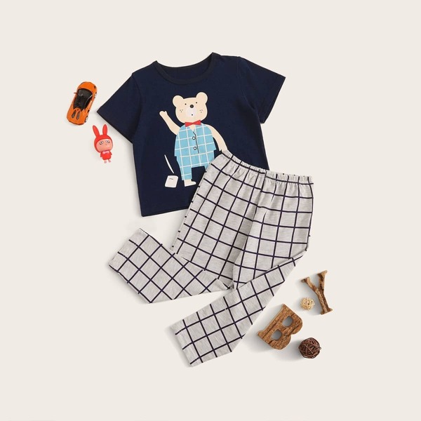 Toddler Boys Bear Print Plaid Pajama Set, Multicolor