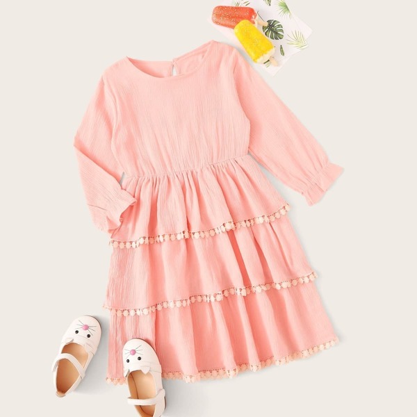 

Toddler Girls Tiered Hem Button Keyhole Ruffle Sleeve Dress, Pink