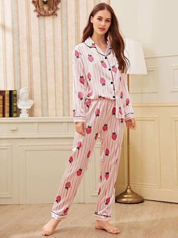 

Strawberry Print Striped Satin Pajama Set, Multicolor, Sonya