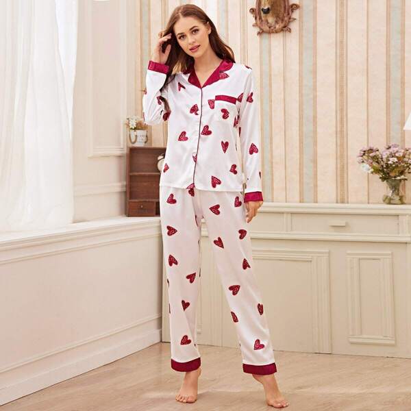 

Heart Print Satin Pajama Set, White