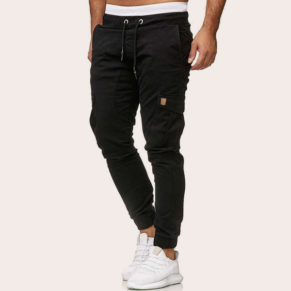 

Men Side Flap Pocket Drawstring Cargo Pants, Black