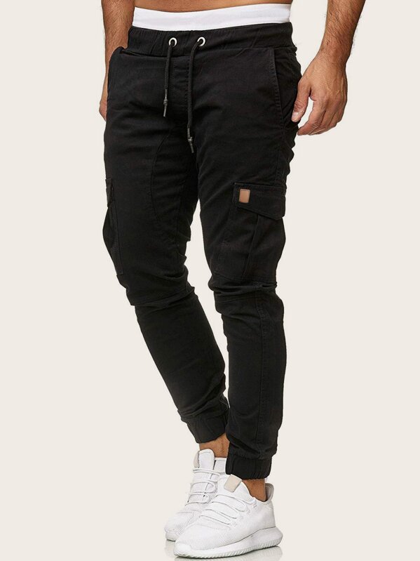 

Men Side Flap Pocket Drawstring Cargo Pants, Black