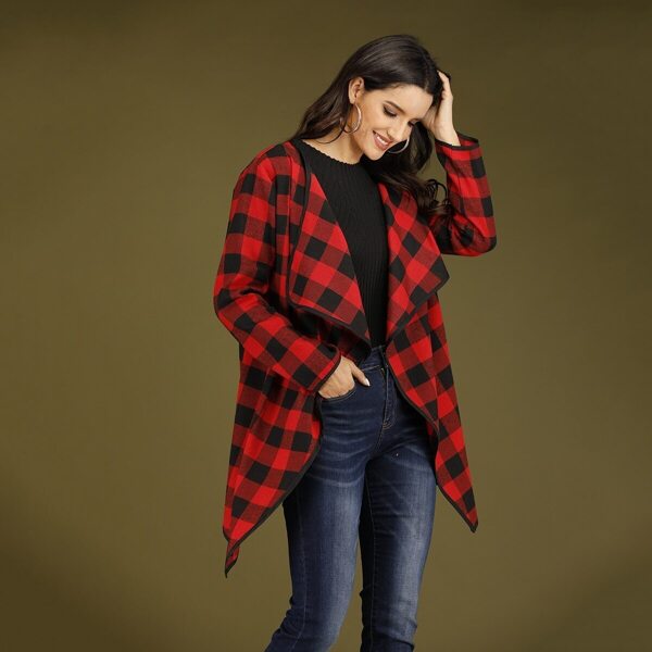 

Contrast Trim Buffalo Plaid Waterfall Outerwear, Red