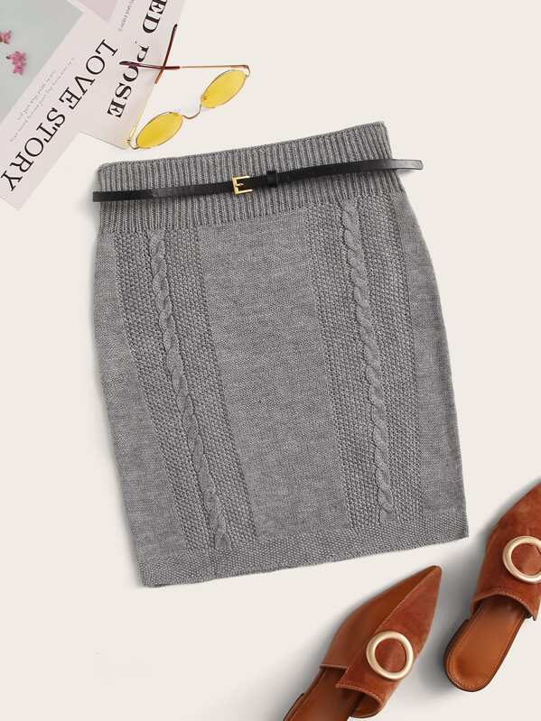 

Cable-knit Belted Sweater Skirt, Grey, Layson