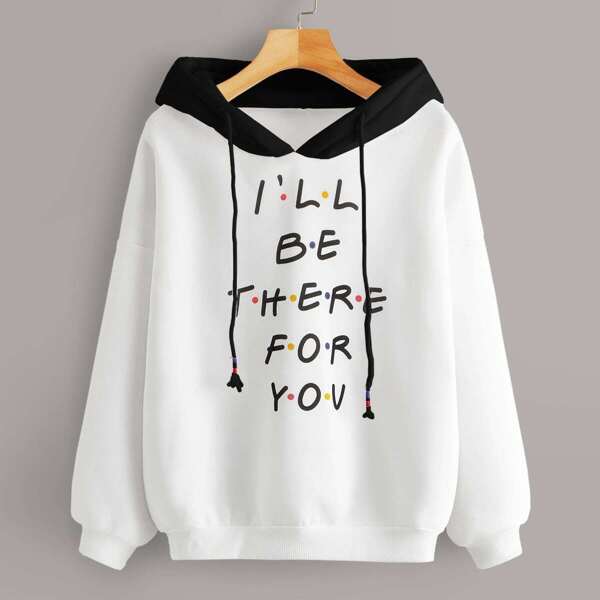 

Slogan Print Drop Shoulder Drawstring Hoodie