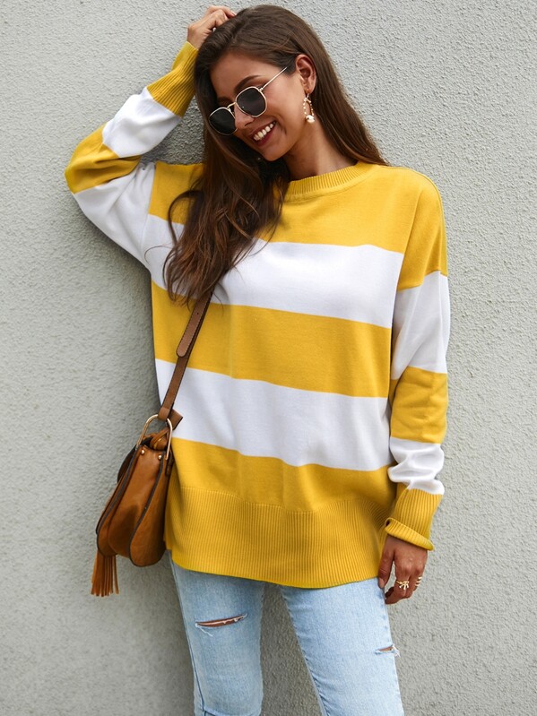 

Contrast Panel Rib-knit Trim Sweater, Yellow