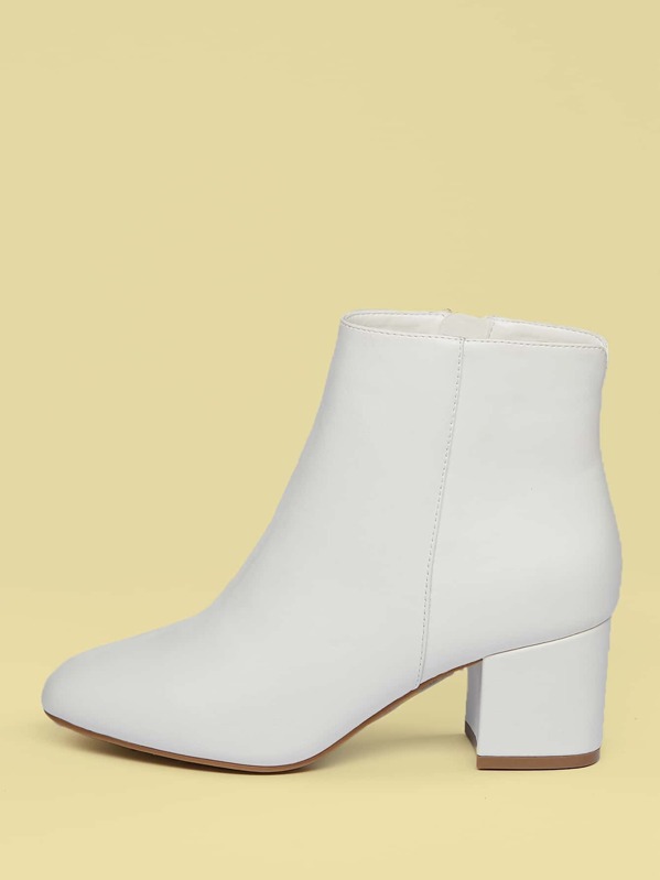 Faux Leather Almond Toe Block Heel Booties, White