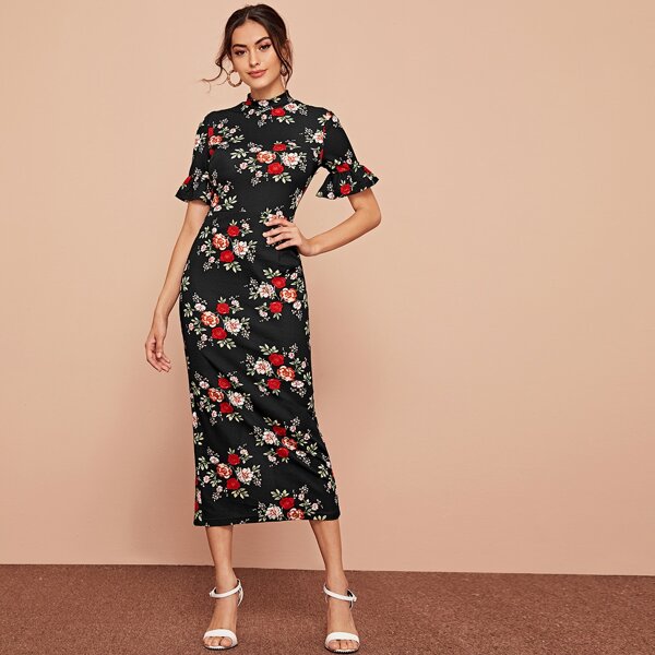 

Floral Print Mock-neck Bell Sleeve Split Hem Dress, Black