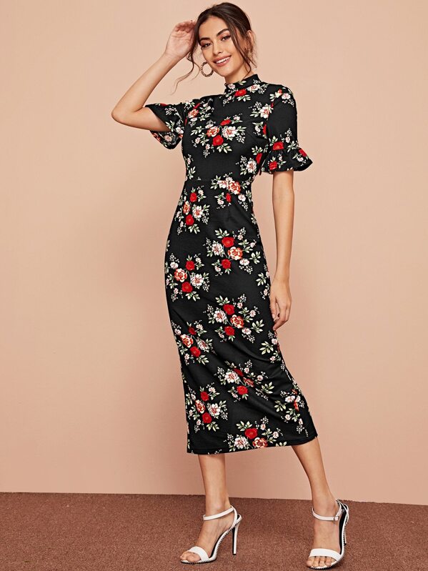 Floral Print Mock-neck Bell Sleeve Split Hem Dress, Black, Carol A