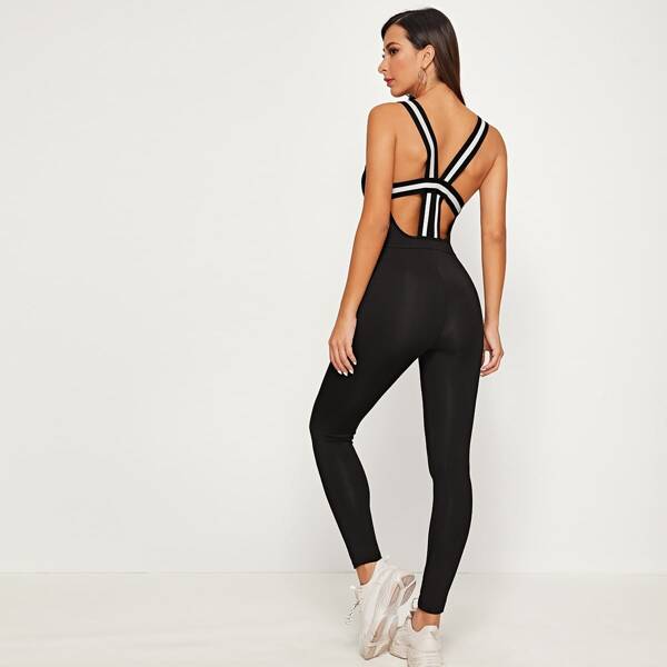 

Striped Tape Open Back Unitard Jumpsuit, Black