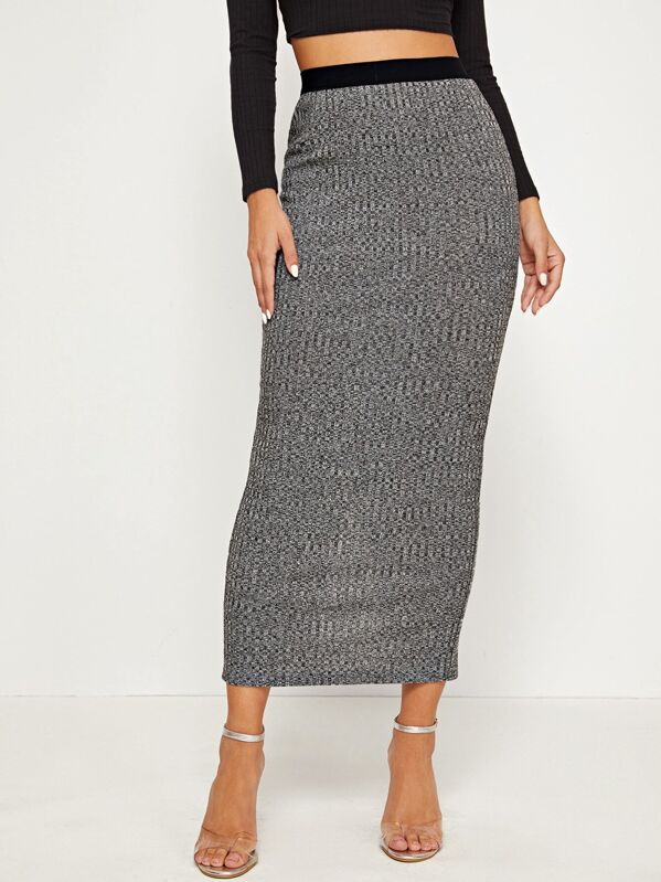 

Contrast Waist Marled Split Pencil Skirt, Grey, Gabe