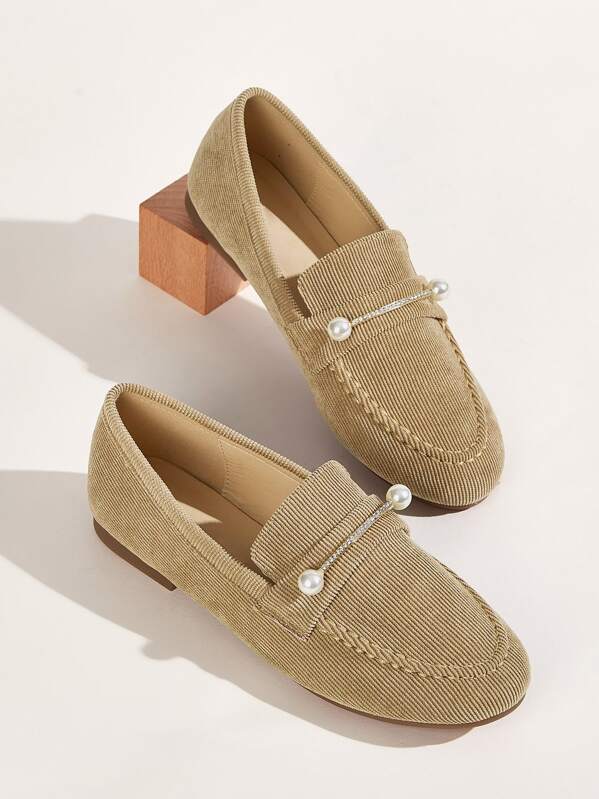 

Faux Pearl Decor Corduroy Loafers, Apricot
