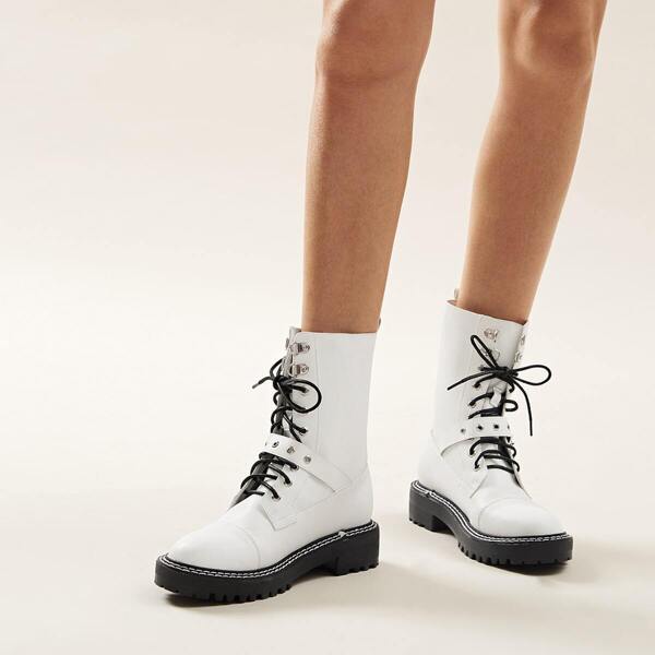 

Eyelet Decor Lace-up Front Combat Boots, White