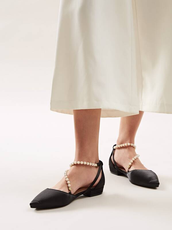 

Point Toe Faux Pearl Decor Satin Flats, Black