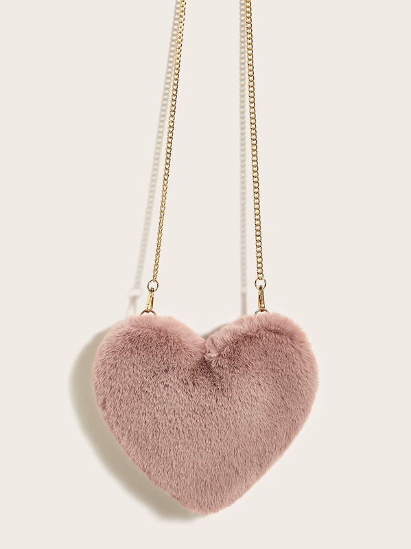 

Fluffy Heart Shaped Chain Crossbody Bag, Pink