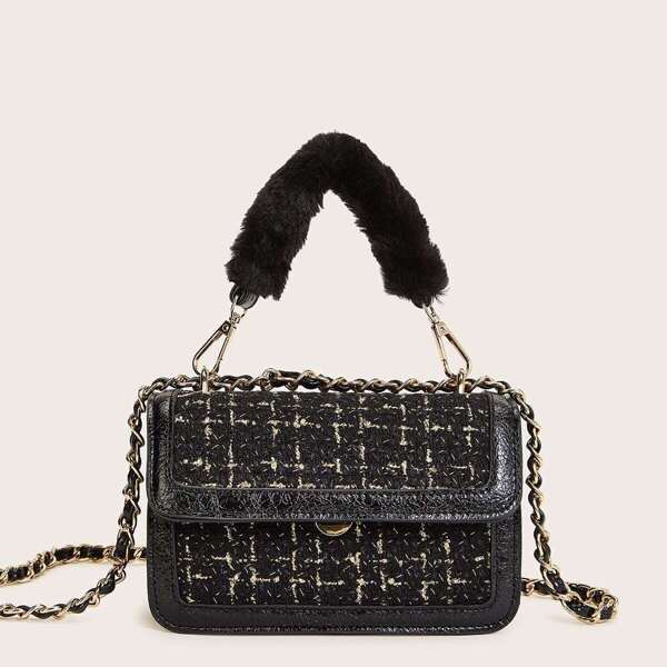 

Fluffy Handle Tweed Satchel Bag