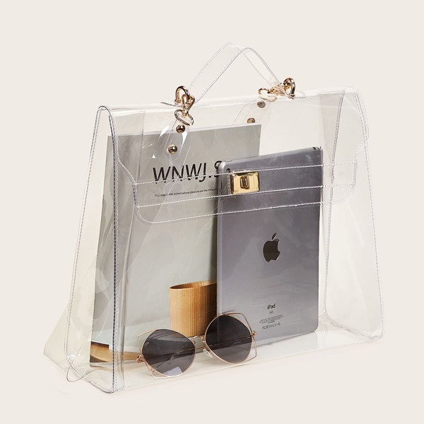 

Metal Lock Clear Satchel Bag, White