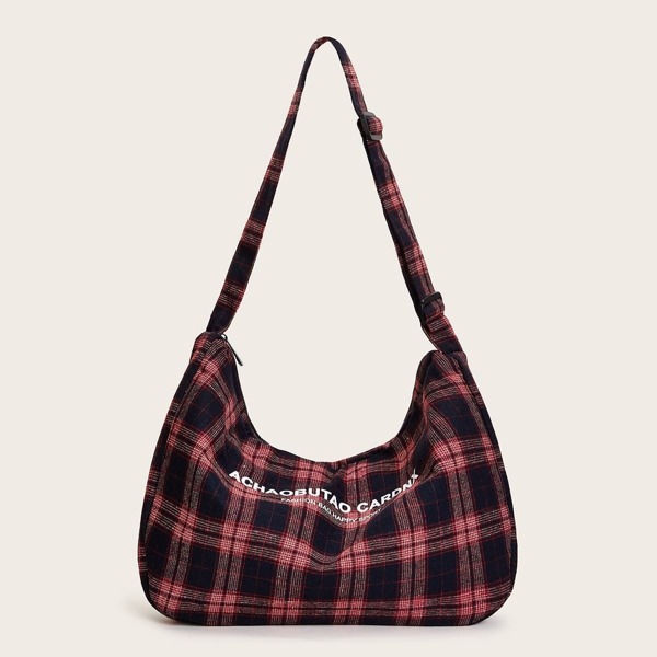 

Letter Print Plaid Canvas Hobo Bag