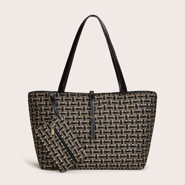 

Tweed Tote Bag With Mini Pouch