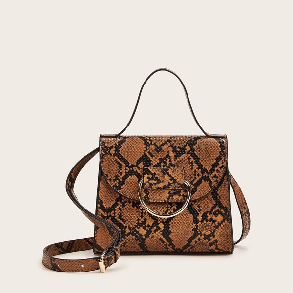 

Snakeskin Print Metal Decor Satchel Bag, Brown