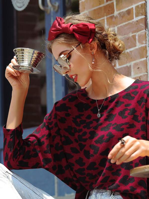 

Drop Shoulder Leopard Print Sweater, Burgundy