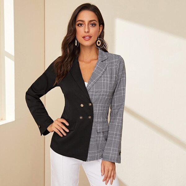 

Two Tone Plaid Double Button Blazer, Multicolor