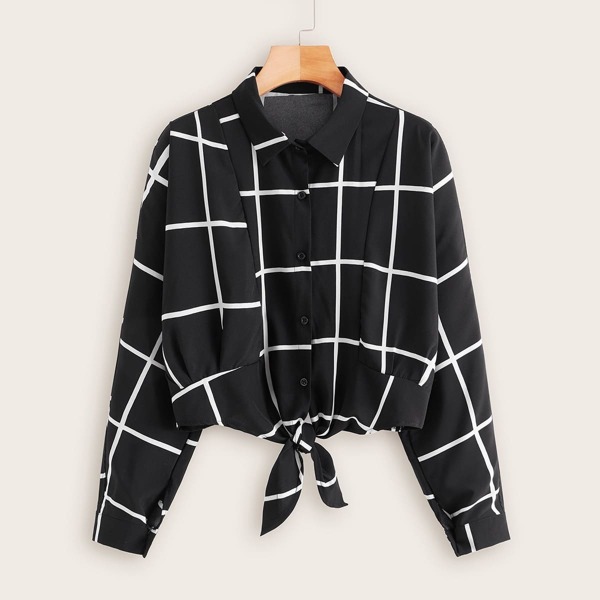 

Plaid Button Through Knot Hem Blouse, Black and white
