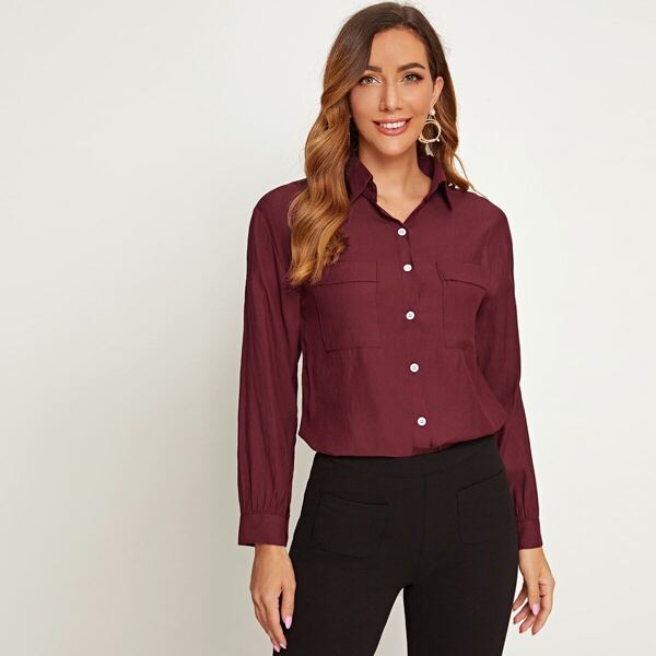 

Solid Button Through Double Pocket Blouse, Burgundy