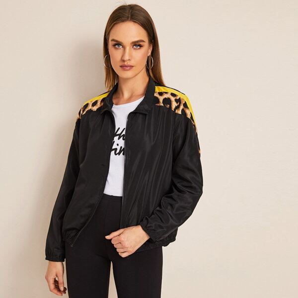 

Contrast Leopard Panel Zip Up Windbreaker Jacket, Black